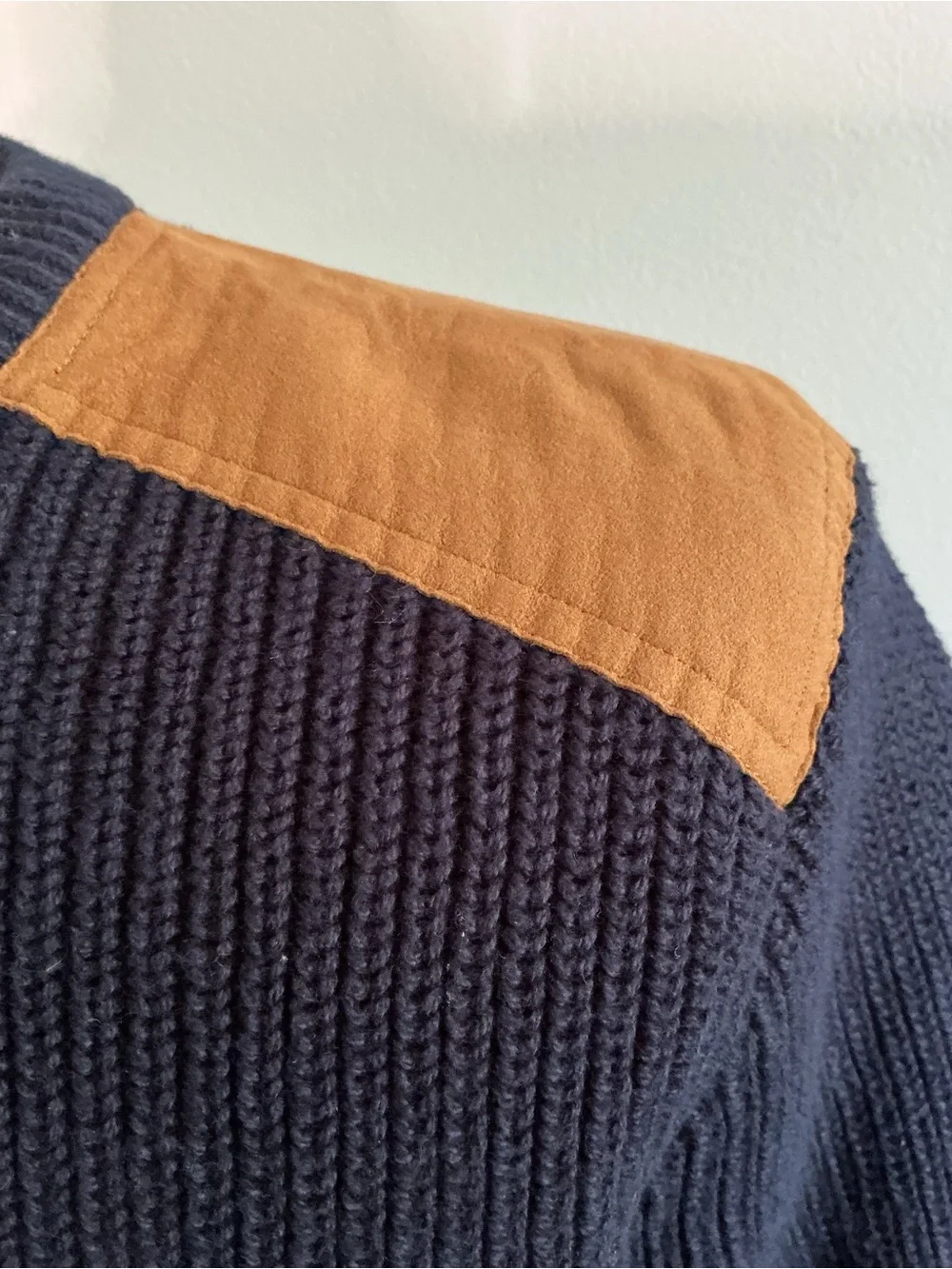 J. Crew Woodsman Navy Crewneck Sweater with Tan Shoulder Patches